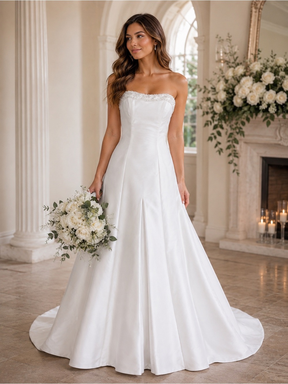 Elegant White Strapless A-Line Wedding Dress Beaded Bridal Gown with Train